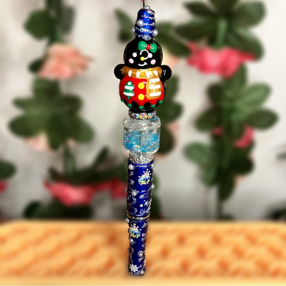 Handpainted Snowman Christmas Magic Blue Sparkles Handmade Beaded Pen